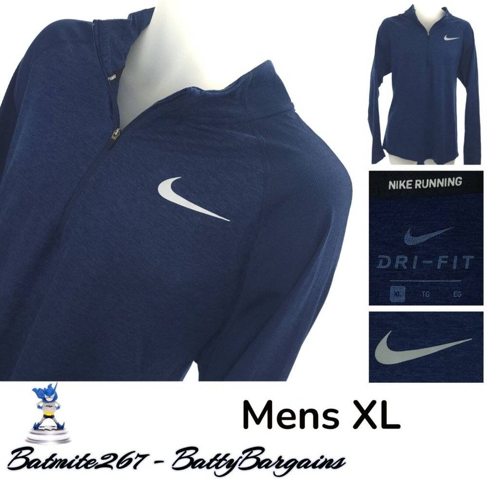 NIKE Dri Fit Mens XL 1/4 Zip Loose Running L/S Shirt Dark Blue Reflective Stripe